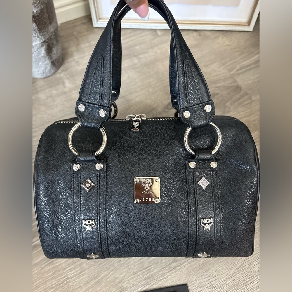 MCM Authentic Boston Bag Pebbled Leather Silver Tone Hardware And Studs